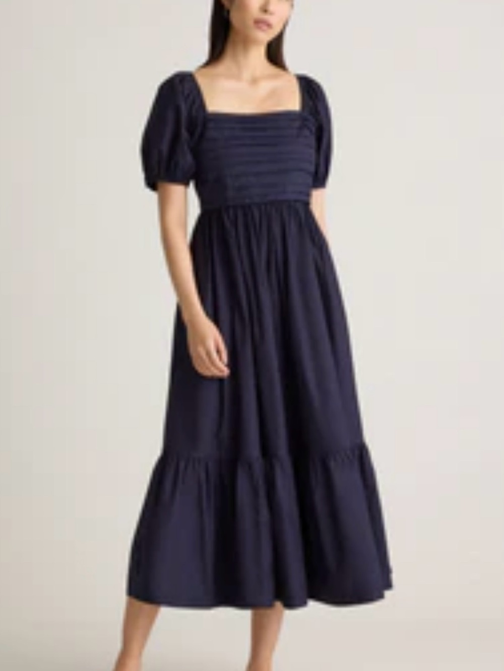 Square-Neck Puff Sleeve Midi Dress - Navy